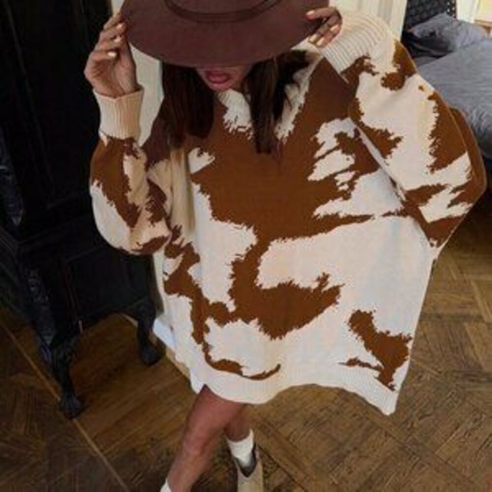 Multicolor Casual Women's Cow Print Western Cowboy Round Neck sweater top - Picture 4 of 5